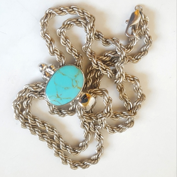 Sterling Silver Gold Matrix Turquoise Pendant & Rope Chain 💎 ATI Mexico MCM - Picture 3 of 15